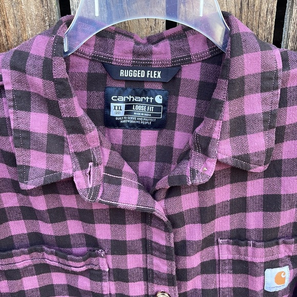 Carhartt XXL Plaid Shirt Loose Fit Rugged Flex Purple Black Long Sleeve Ladies - Picture 2 of 6